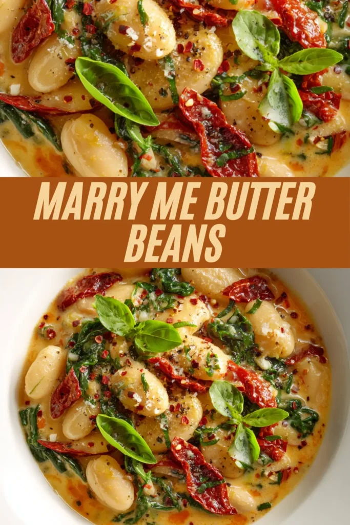 Creamy skillet of butter beans with spinach, sun-dried tomatoes, and fresh basil in a rich, golden sauce.
