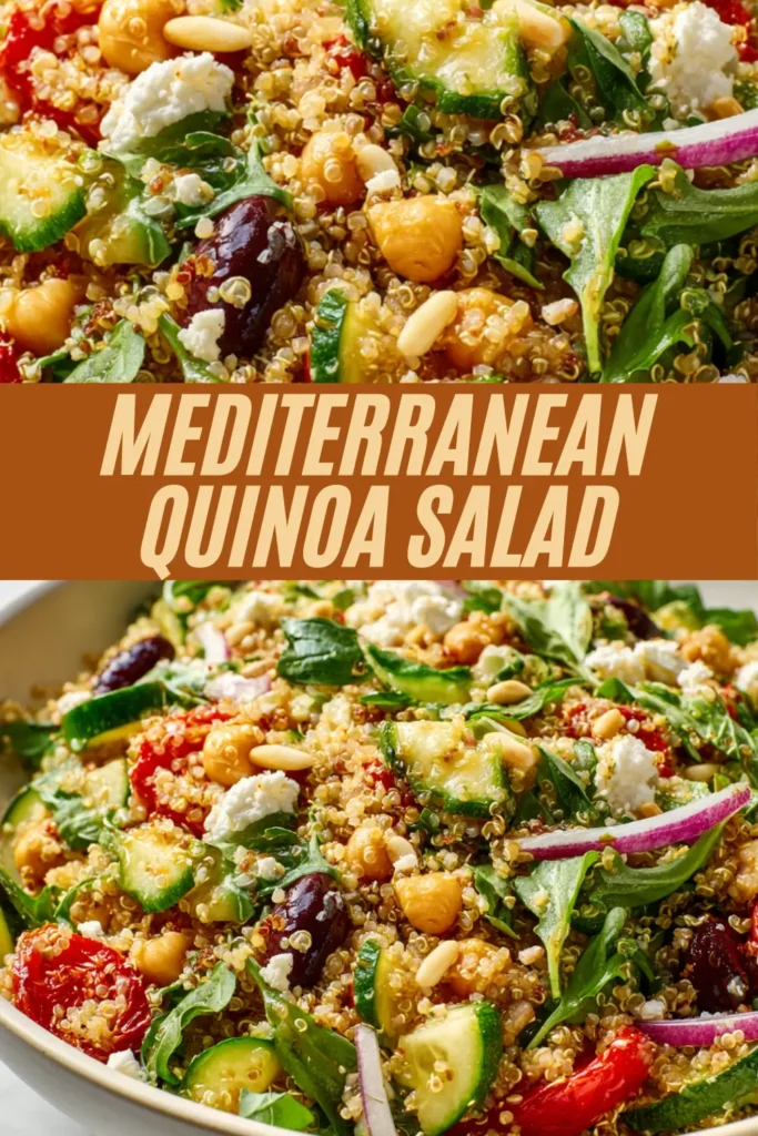 Mediterranean quinoa salad with quinoa, arugula, cucumbers, chickpeas, olives, roasted red peppers, feta, pine nuts, and red onion in a bowl.