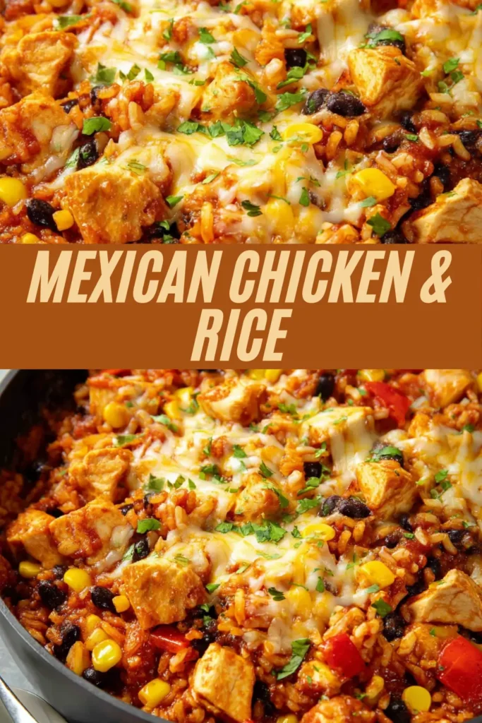 Mexican chicken and rice recipe with tender chicken pieces, rice, black beans, corn, and melted cheese in a tomato-based skillet.