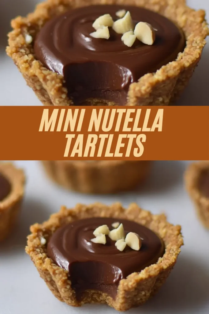 Recipe card for mini Nutella tartlets with chocolate hazelnut filling, hazelnut pieces, and golden flaky crust.