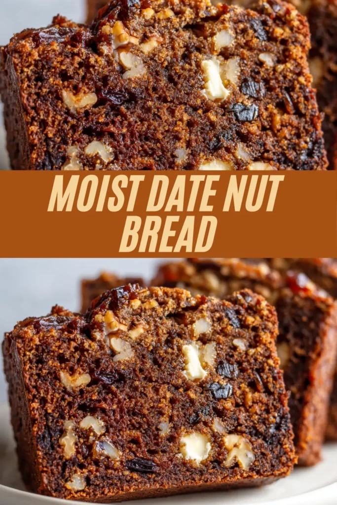 Recipe card for moist date nut bread loaded with chopped dates, walnuts, and rich batter for tender crumb texture.