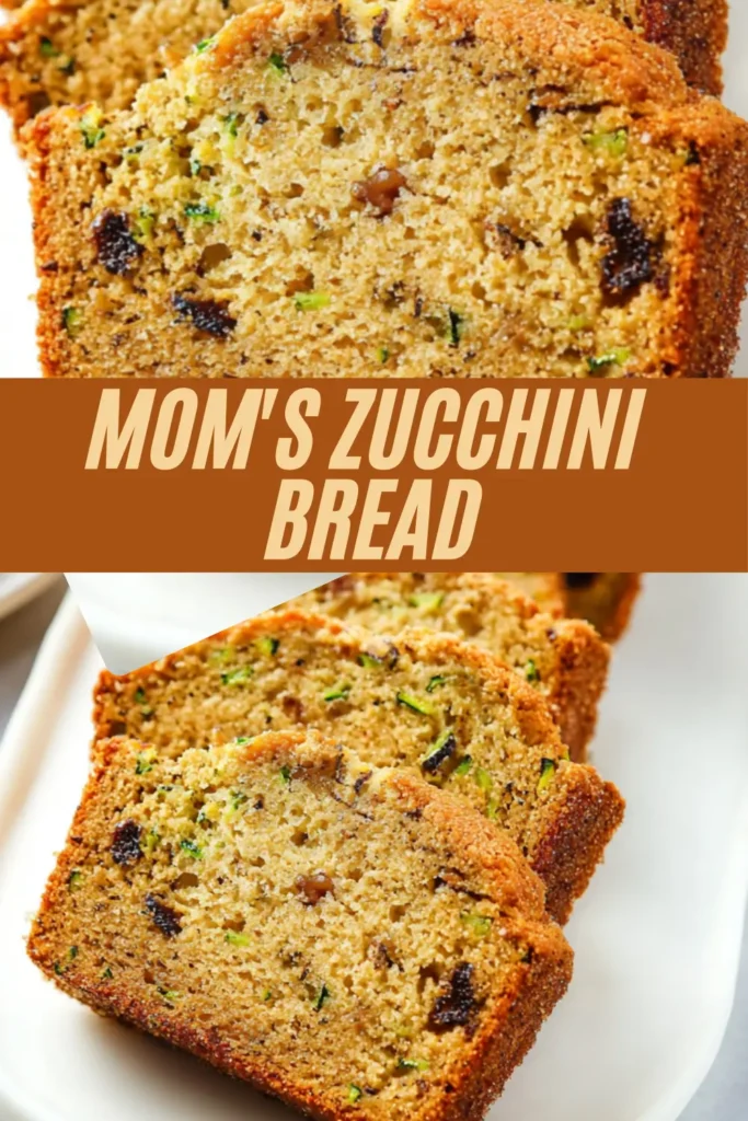 Mom’s zucchini bread recipe with thick, moist slices studded with shredded zucchini, nuts, and dark specks of spice.