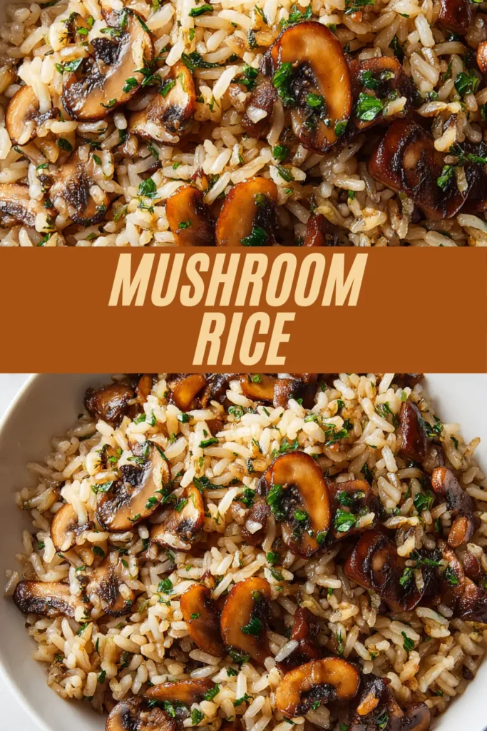 Fluffy rice mixed with sautéed mushroom slices and fresh herbs in a white bowl.