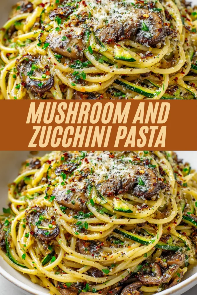 Close-up of spaghetti twirled with sautéed mushrooms and zucchini, topped with Parmesan, herbs, and red pepper flakes.