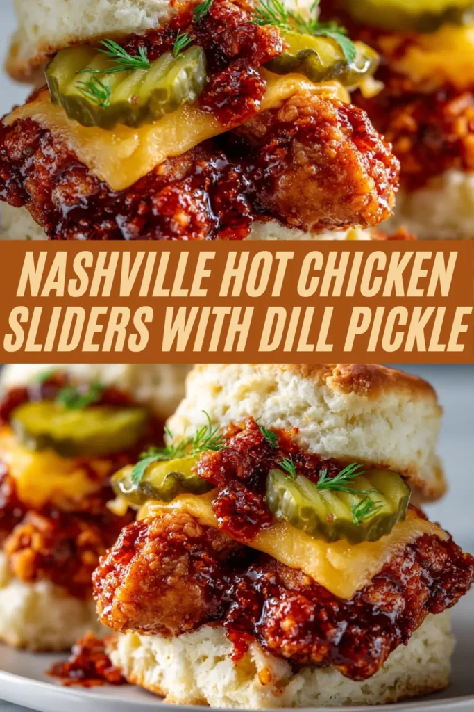 Nashville hot chicken sliders with crispy spicy fried chicken, melted cheese, dill pickle slices, and fluffy biscuits stacked on a plate.