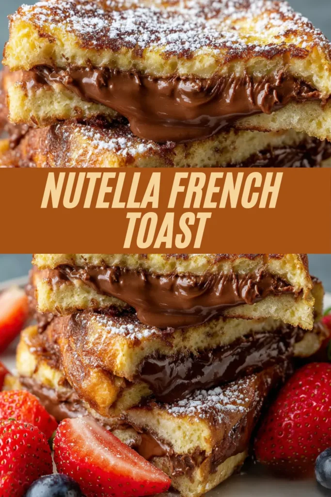 Recipe card for Nutella stuffed French toast stacks with powdered sugar, oozing hazelnut spread, strawberries, and blueberries.