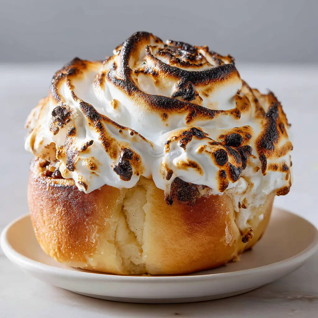 Single golden s’mores roll on a plate topped with a tall swirl of toasted marshmallow meringue.