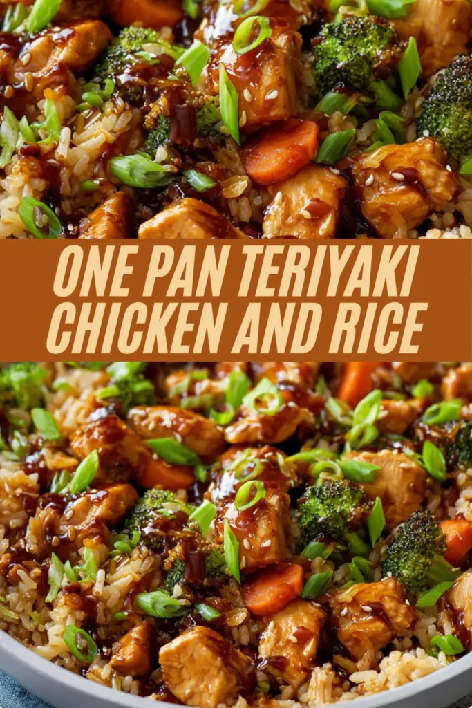 Skillet of teriyaki chicken and rice with broccoli, carrots, and green onions in a glossy sauce.