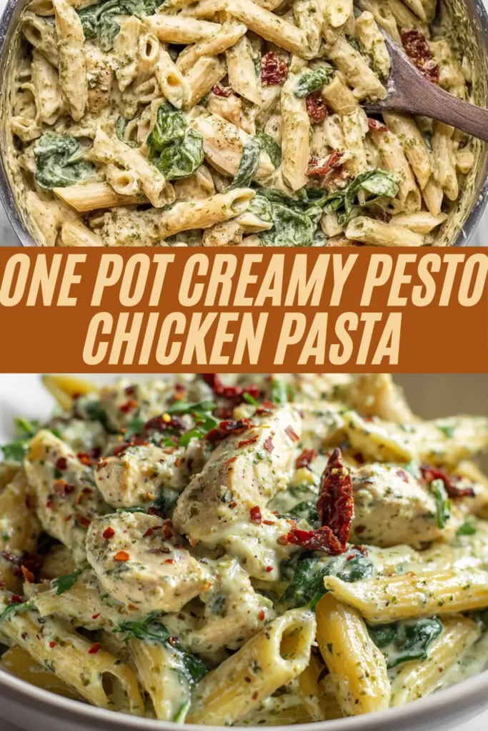 Promotional image titled "ONE POT CREAMY PESTO CHICKEN PASTA," split between the pasta cooking in a pot and a final plated serving in a bowl.