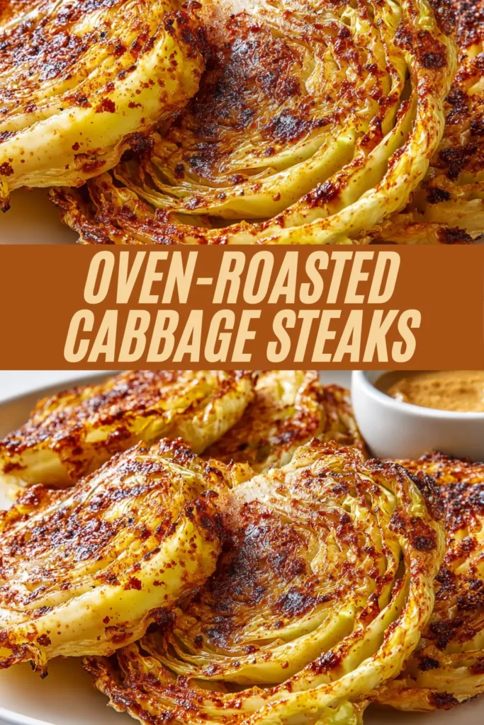 Oven-roasted cabbage steaks with caramelized edges and seasoning, arranged on a plate with dipping sauce.