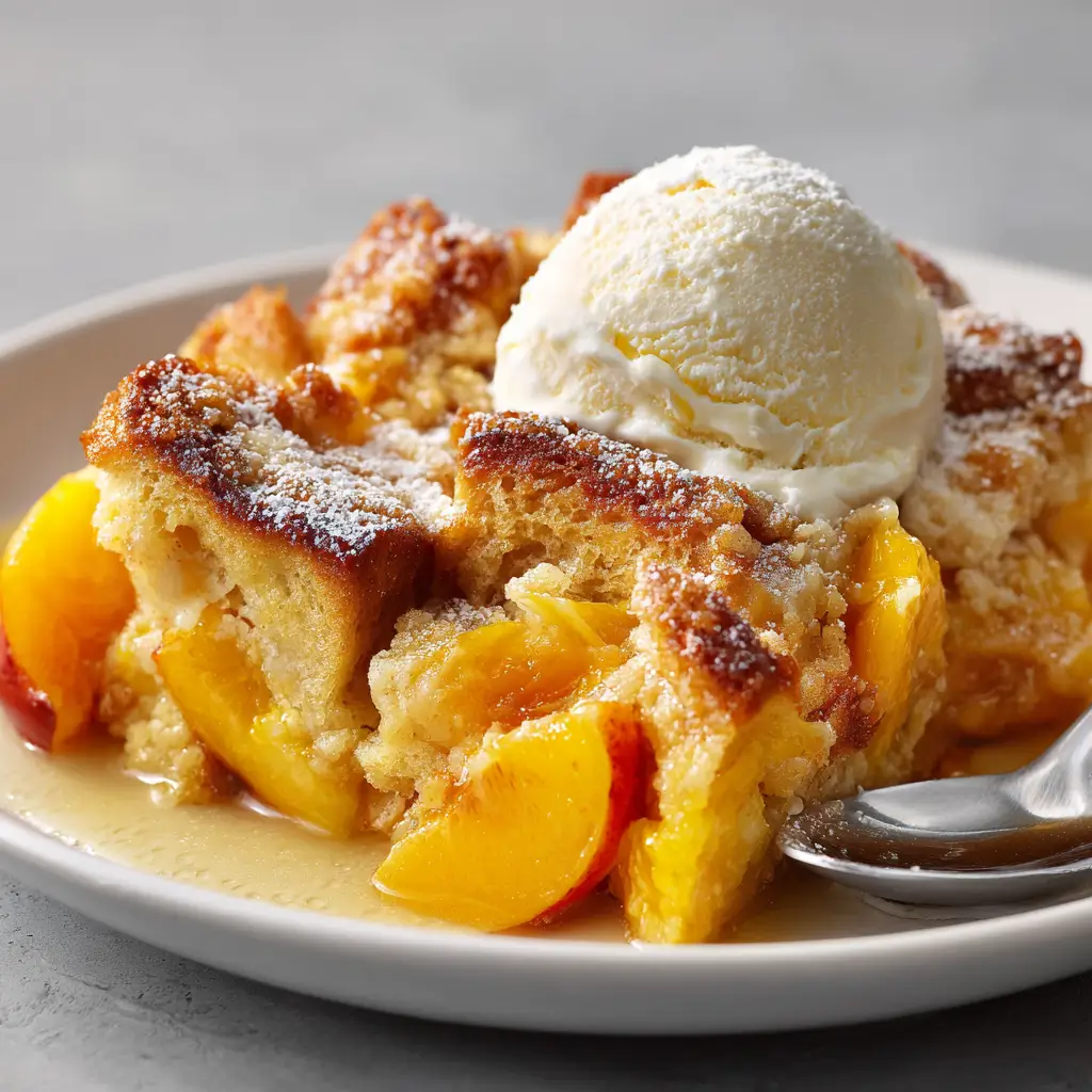 A set of images featuring a hot, cheesy Crab Rangoon Dip served with wonton chips and a sweet Peach Cobbler French Toast Bake, presented both baked in a dish and plated with vanilla ice cream.