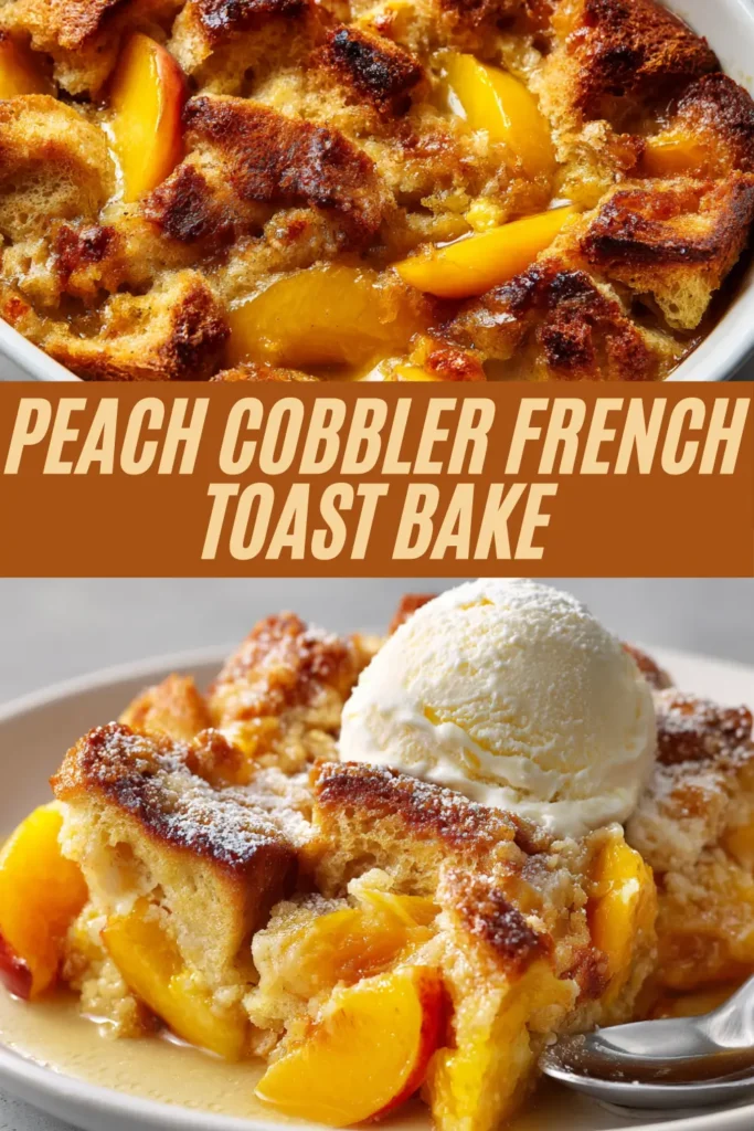 A portion of warm Peach Cobbler French Toast Bake served in a white bowl, topped with a scoop of melting vanilla ice cream and dusted with powdered sugar.