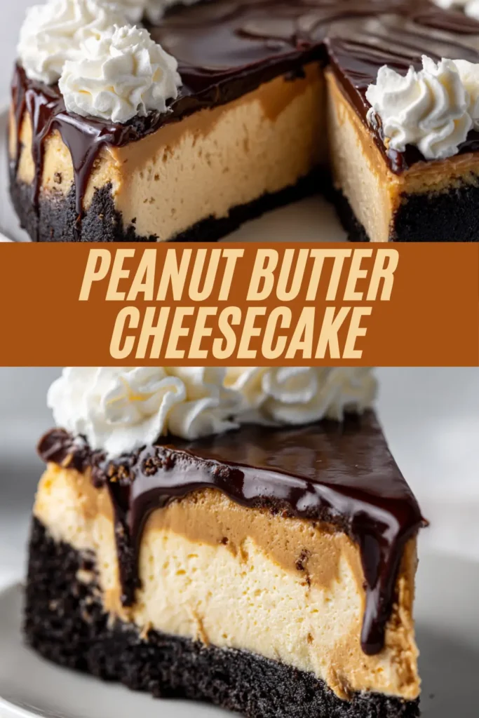 Peanut butter cheesecake with Oreo cookie crust, glossy chocolate ganache, whipped cream swirls, and a slice removed on a cake stand.