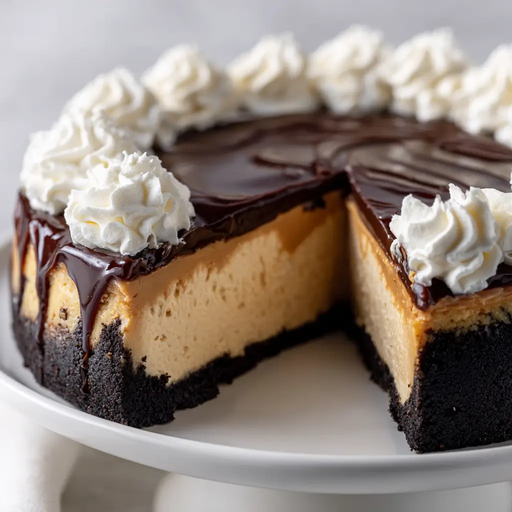 Whole peanut butter cheesecake with Oreo cookie crust, glossy chocolate ganache topping, whipped cream swirls, and one slice removed on a cake stand.