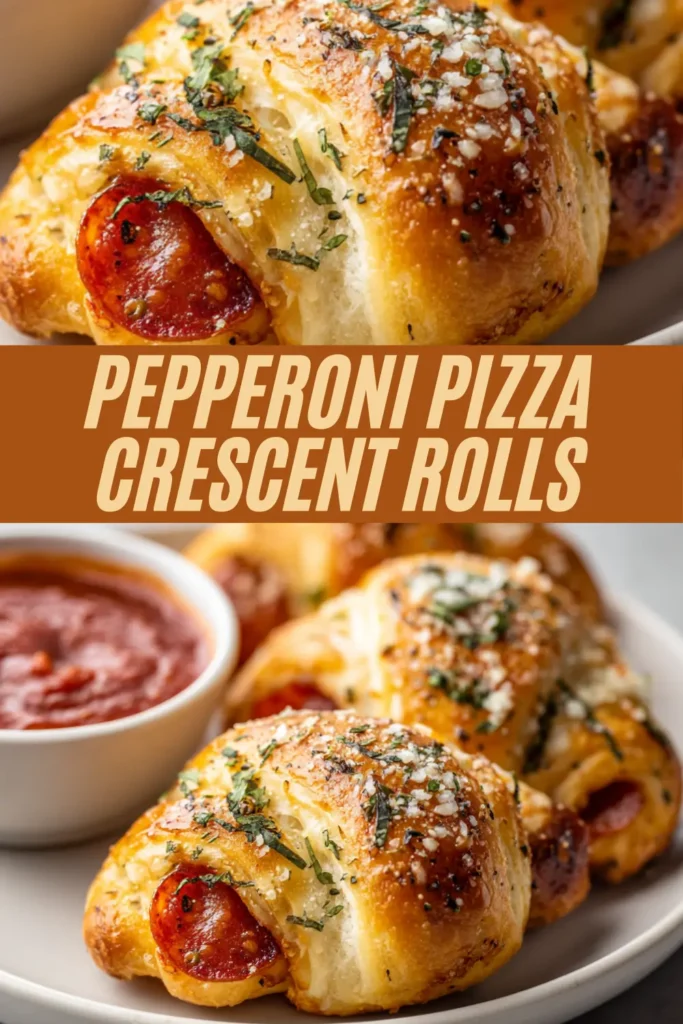 Golden-brown crescent rolls stuffed with melted cheese and pepperoni, garnished with herbs and served with a side of marinara sauce.