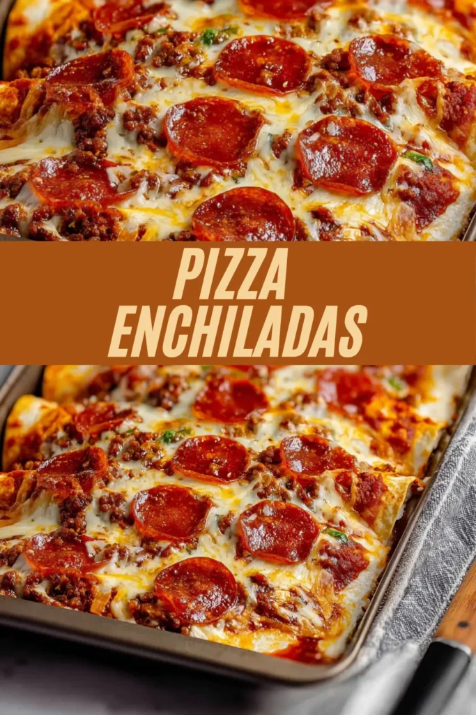 Pizza enchiladas recipe with tortillas rolled in meat sauce, topped with melted mozzarella and pepperoni slices in a baking dish.