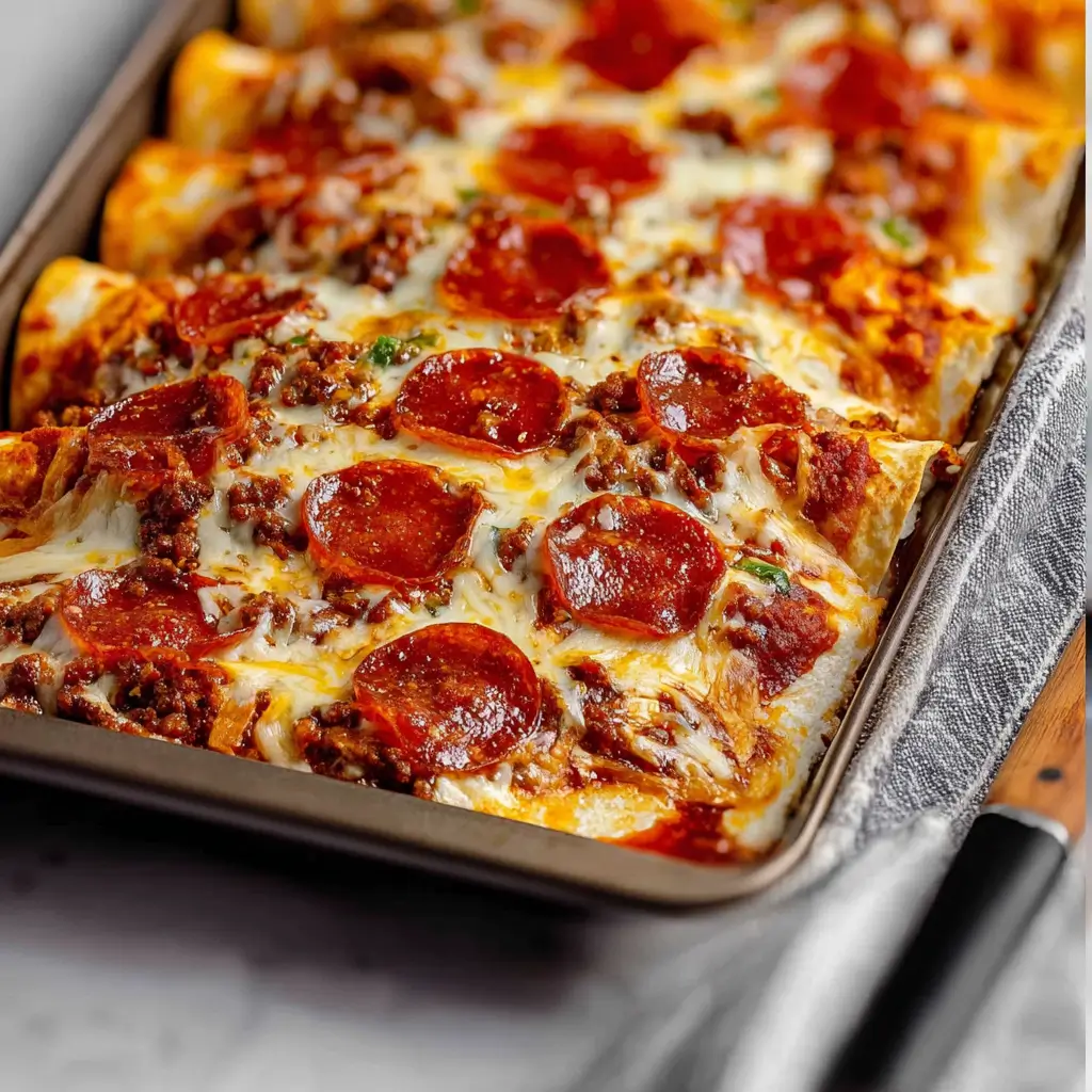 Pizza enchiladas in a baking dish topped with browned cheese, pepperoni slices, and saucy ground meat.