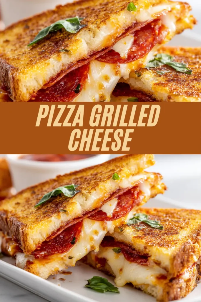 Pizza grilled cheese recipe with golden toasted bread, melted mozzarella, pepperoni slices, and fresh basil stacked on a white plate.