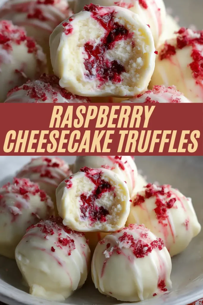 Recipe card image for Raspberry Cheesecake Truffles, featuring the name and a close-up of the white chocolate treats.