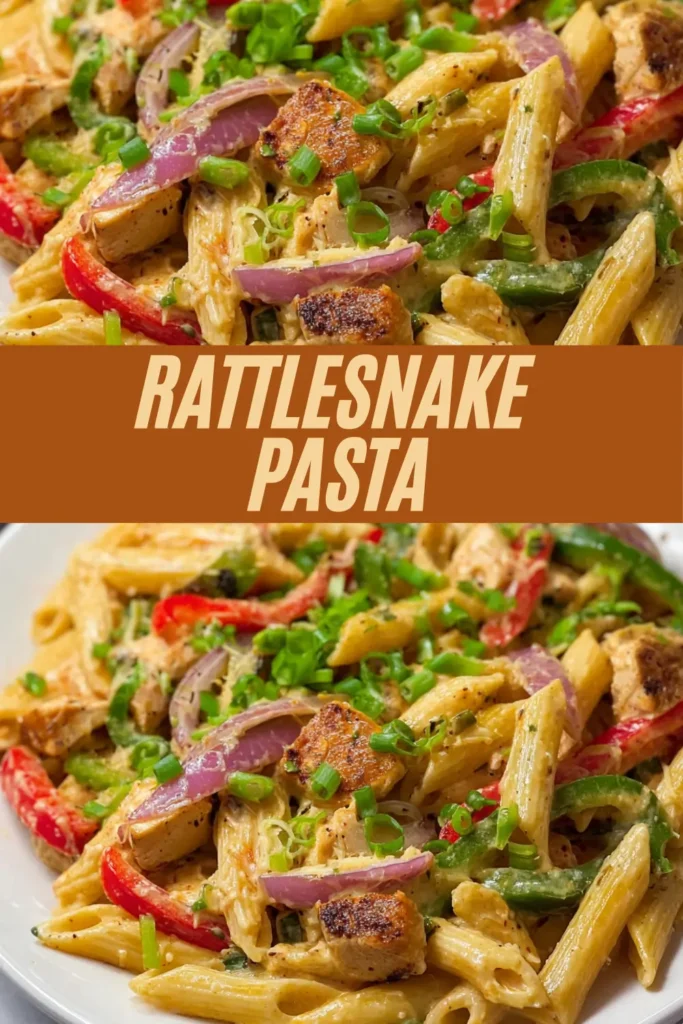 Horizontal graphic featuring a plate of rattlesnake pasta with penne, seared chicken pieces, red and green bell peppers, red onion, and green onions in a creamy spicy sauce, divided by a bold center banner reading “Rattlesnake Pasta” in large cream letters.