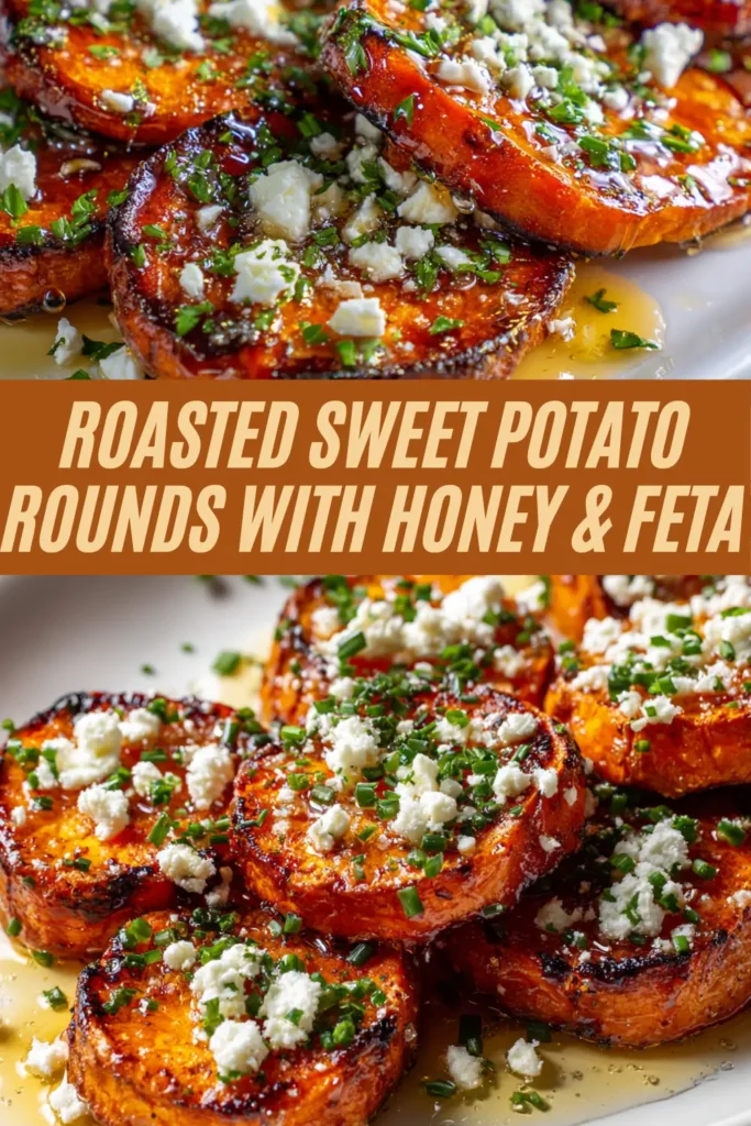 Roasted sweet potato rounds drizzled with honey and topped with crumbled feta and chopped herbs on a white plate.