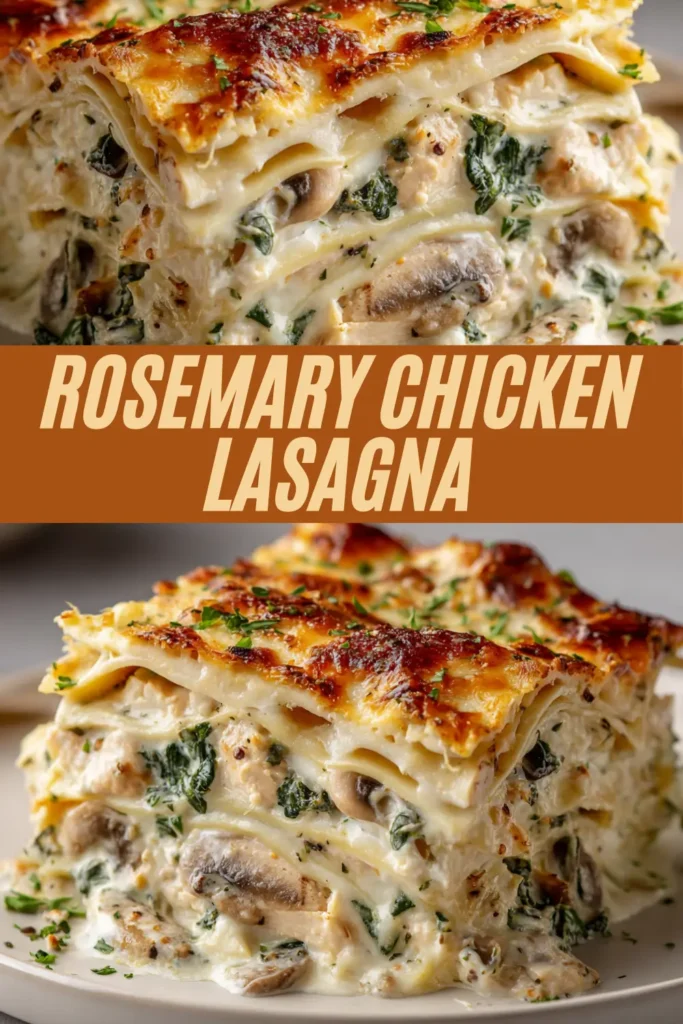 Slice of creamy rosemary chicken lasagna with white sauce, spinach, mushrooms, and golden melted cheese on a plate.