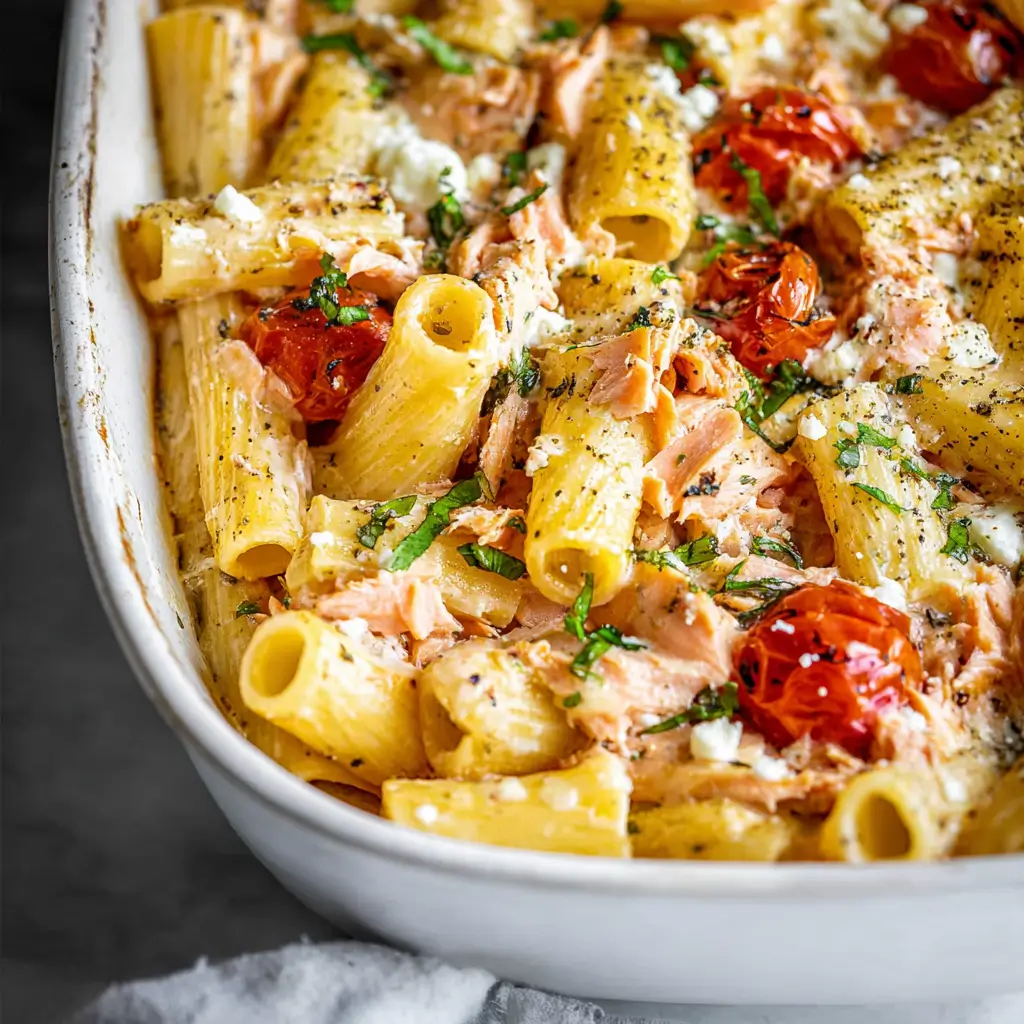 A white baking dish filled with Salmon Feta Pasta Bake, featuring large rigatoni tossed with flaked pink salmon, bright red roasted cherry tomatoes, crumbled white feta cheese, and fresh herbs.