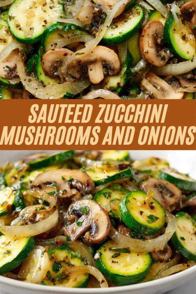 Close-up of sautéed zucchini rounds, mushrooms, and onion strips coated in a garlic-herb butter sauce.