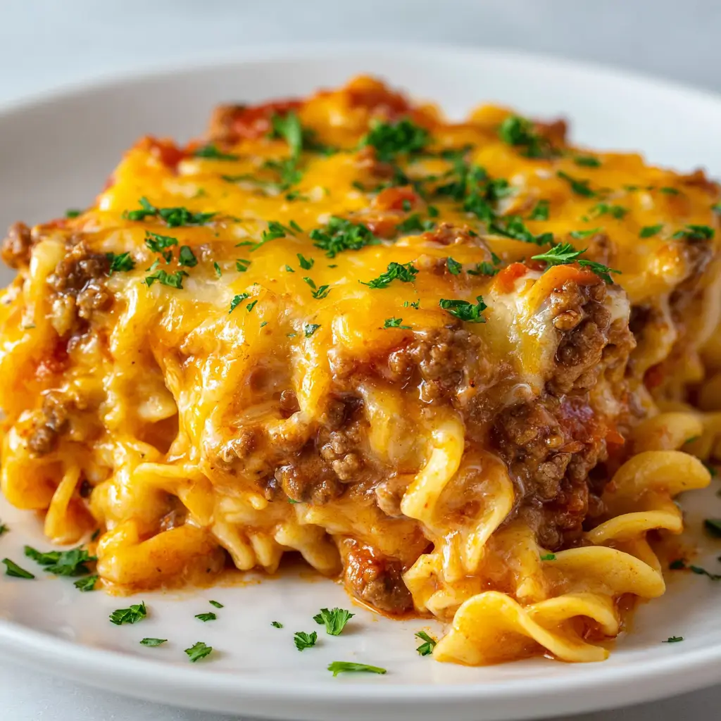Generous serving of cheesy beef noodle casserole on a plate with curly egg noodles, seasoned ground beef, tomato sauce, and melted cheese.
