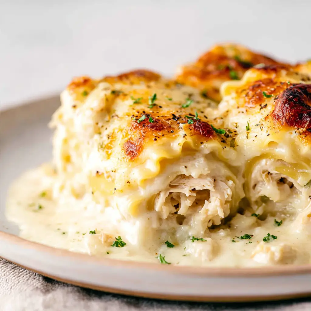 Serving of chicken Alfredo roll ups on a plate with lasagna noodles rolled around shredded chicken, creamy Alfredo sauce, and a golden cheesy topping.