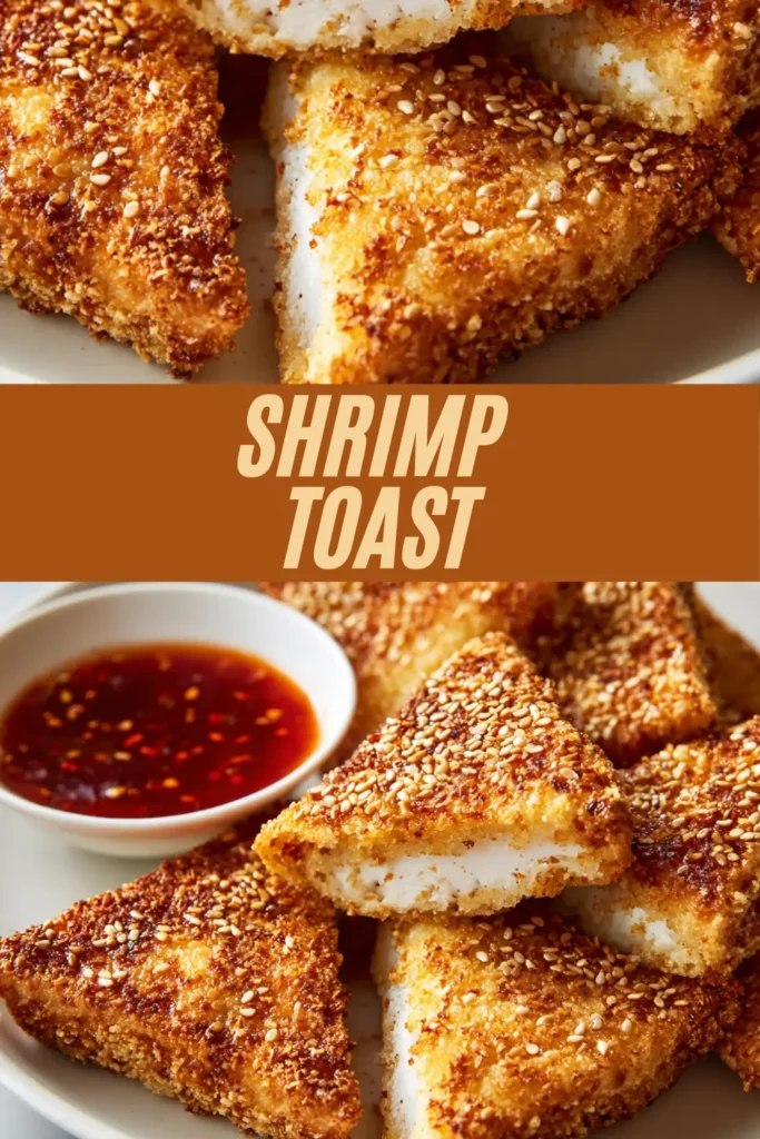 Golden fried shrimp toast triangles coated in sesame seeds, served on a plate with a small bowl of sweet chili dipping sauce.