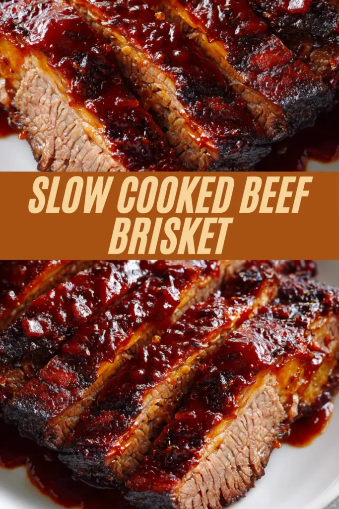 Thick slices of slow cooked beef brisket covered in glossy barbecue sauce on a white plate.