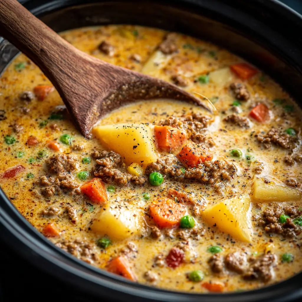 Slow cooker creamy cheeseburger soup in a crockpot with ground beef, potatoes, carrots, peas, and a cheesy seasoned broth being stirred with a wooden spoon.