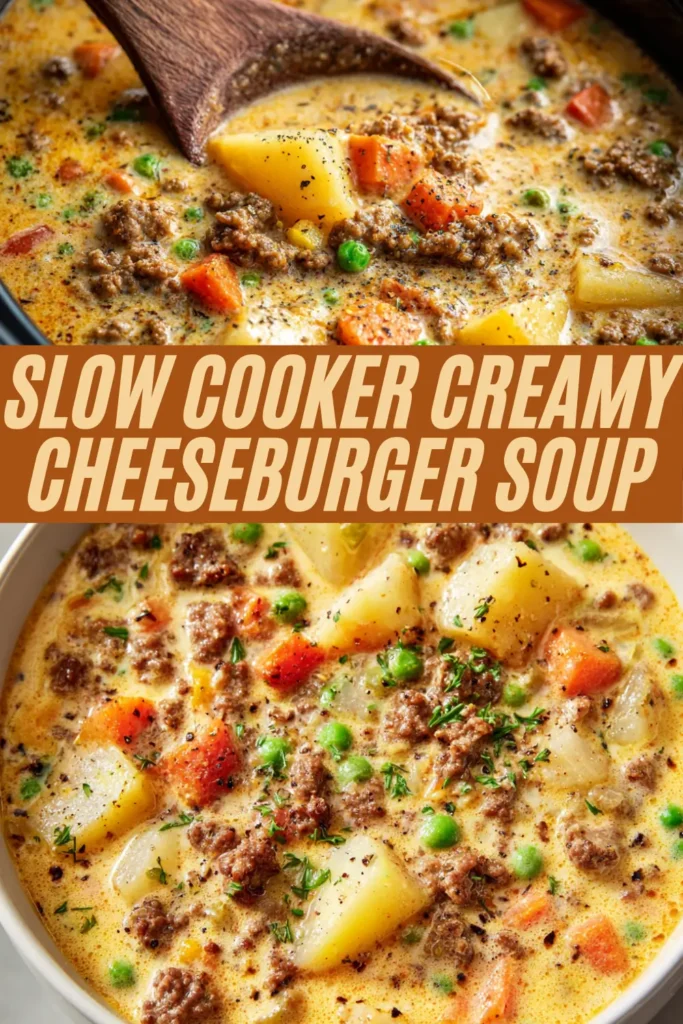 Slow cooker creamy cheeseburger soup recipe with ground beef, potatoes, carrots, peas, and melted cheese in a rich broth.