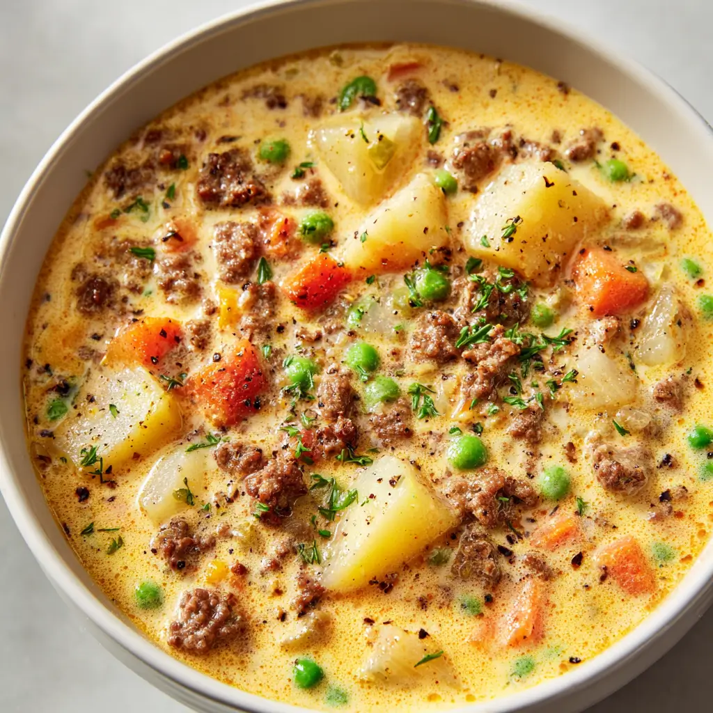 Slow cooker creamy cheeseburger soup with ground beef, potatoes, carrots, peas, and melted cheese in a rich broth served in a white bowl.