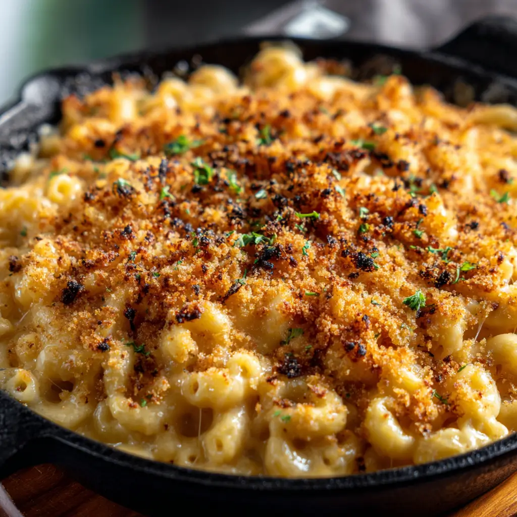 Cast-iron skillet filled with creamy smoked macaroni and cheese topped with a golden, crispy breadcrumb crust and sprinkled with fresh herbs.