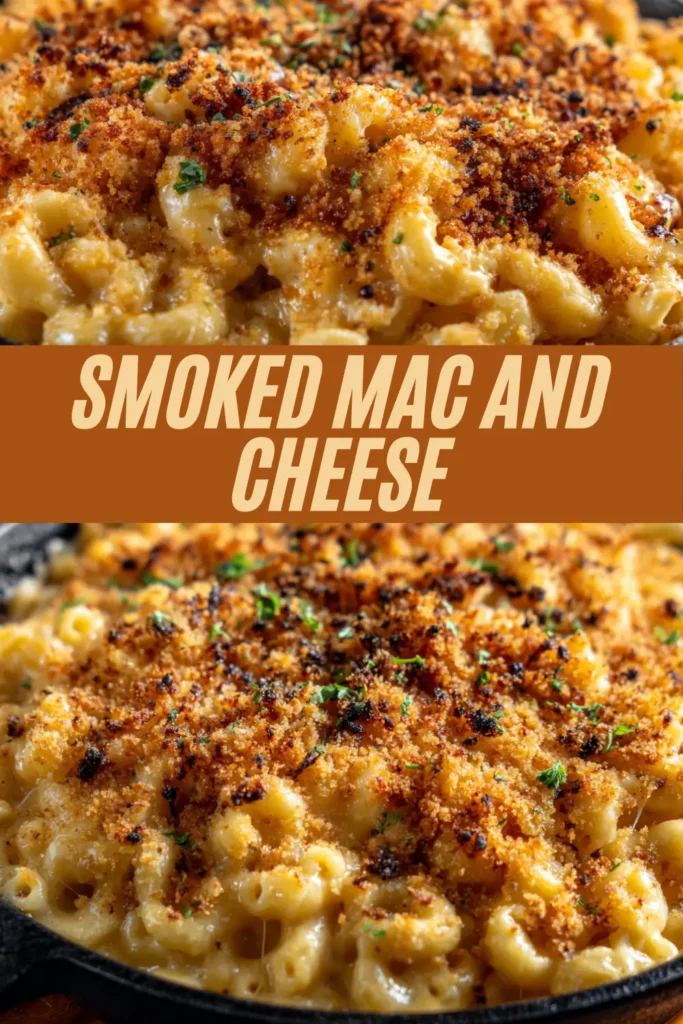 Golden, creamy smoked macaroni and cheese in a cast-iron skillet, topped with a crunchy browned breadcrumb crust and sprinkled with fresh herbs, with bold text reading “Smoked Mac and Cheese” across the center.