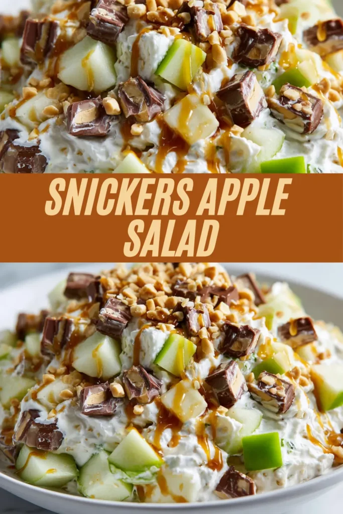 Snickers apple salad recipe with chopped green apples, whipped cream mixture, Snickers candy pieces, peanuts, and caramel drizzle piled in a bowl.