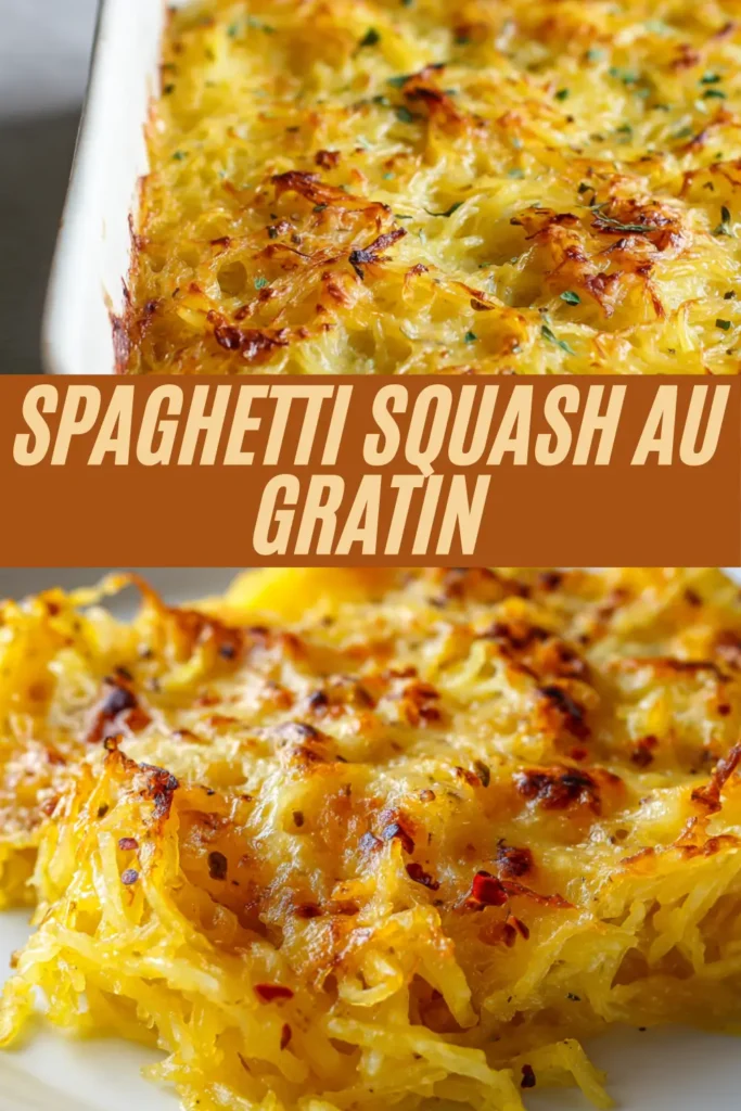 Baked spaghetti squash au gratin in a white dish with a golden, cheesy crust on top.