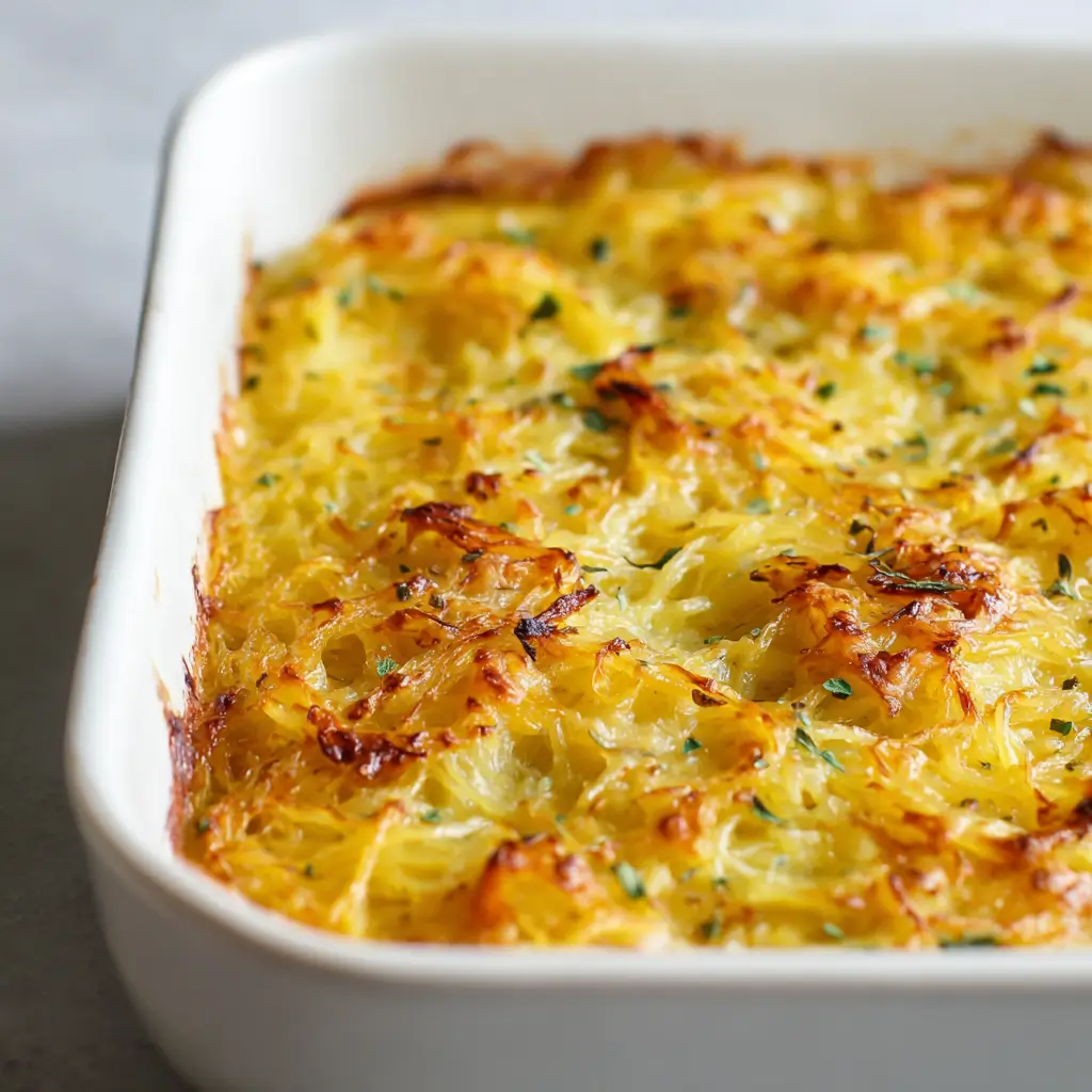 Baked spaghetti squash au gratin with a golden, bubbly cheese crust in a white casserole dish.