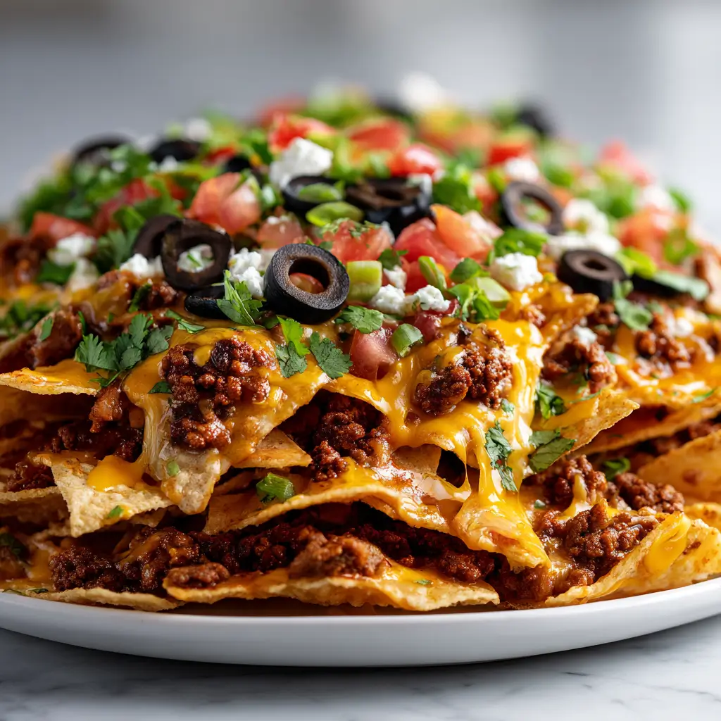 Close-up of spicy cheesy layered Texas Trash nachos stacked with tortilla chips, seasoned ground beef, melted cheese, tomatoes, olives, green onions, and cilantro.