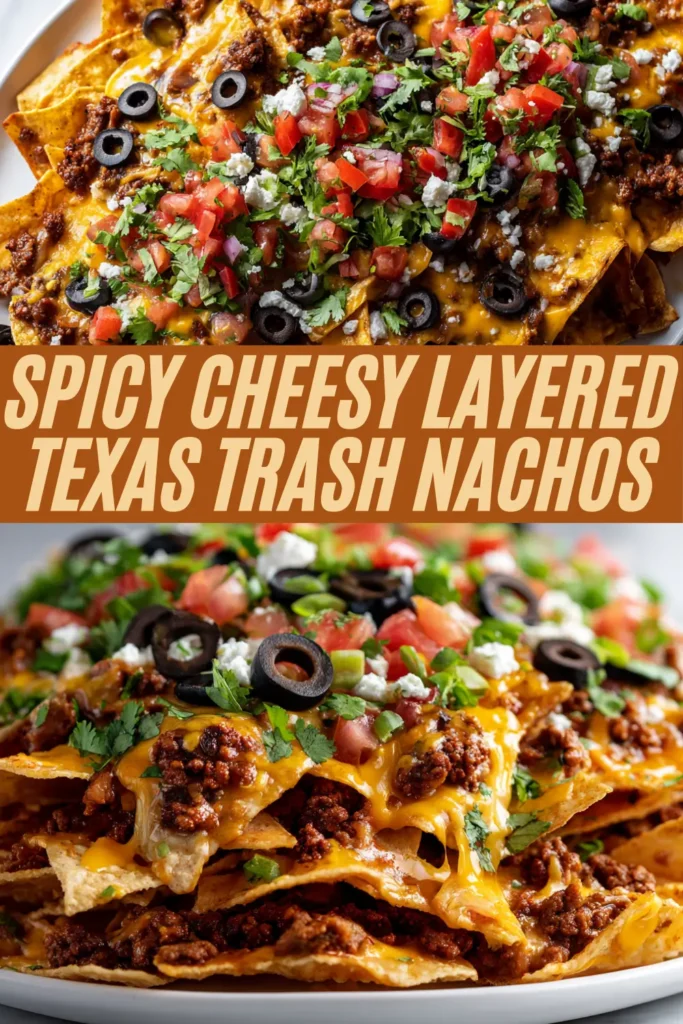 Spicy cheesy layered Texas trash nachos recipe with tortilla chips stacked with seasoned beef, melted cheese, black olives, pico de gallo, and cilantro.