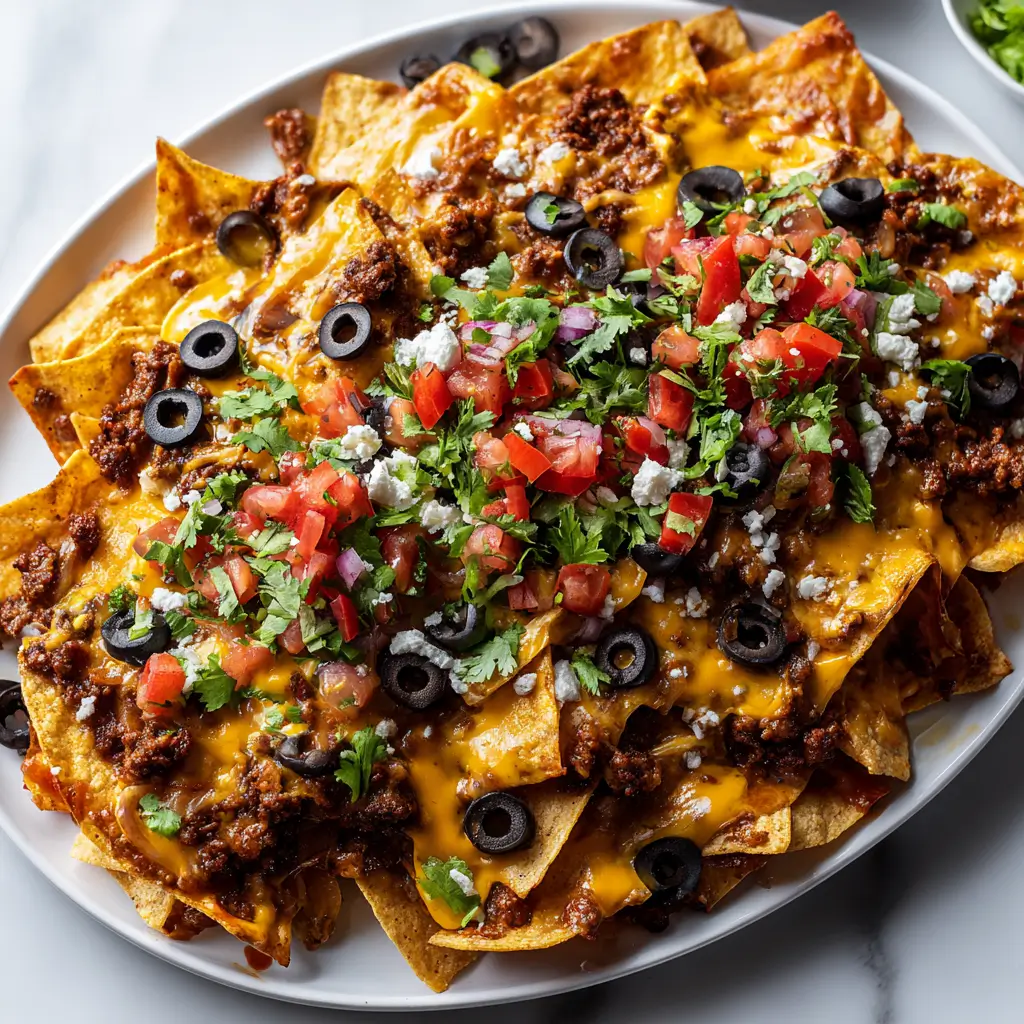 Platter of spicy cheesy layered Texas trash nachos with tortilla chips, seasoned beef, melted cheese, black olives, pico de gallo, and cilantro.