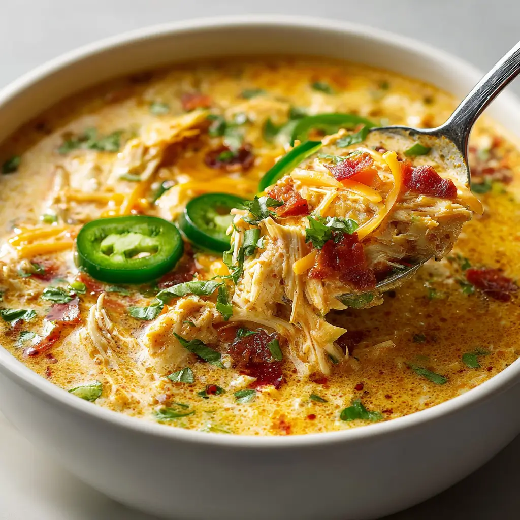 Spicy jalapeño popper chicken soup with shredded chicken, cheese, bacon, jalapeño slices, and cilantro in a creamy broth on a spoon.