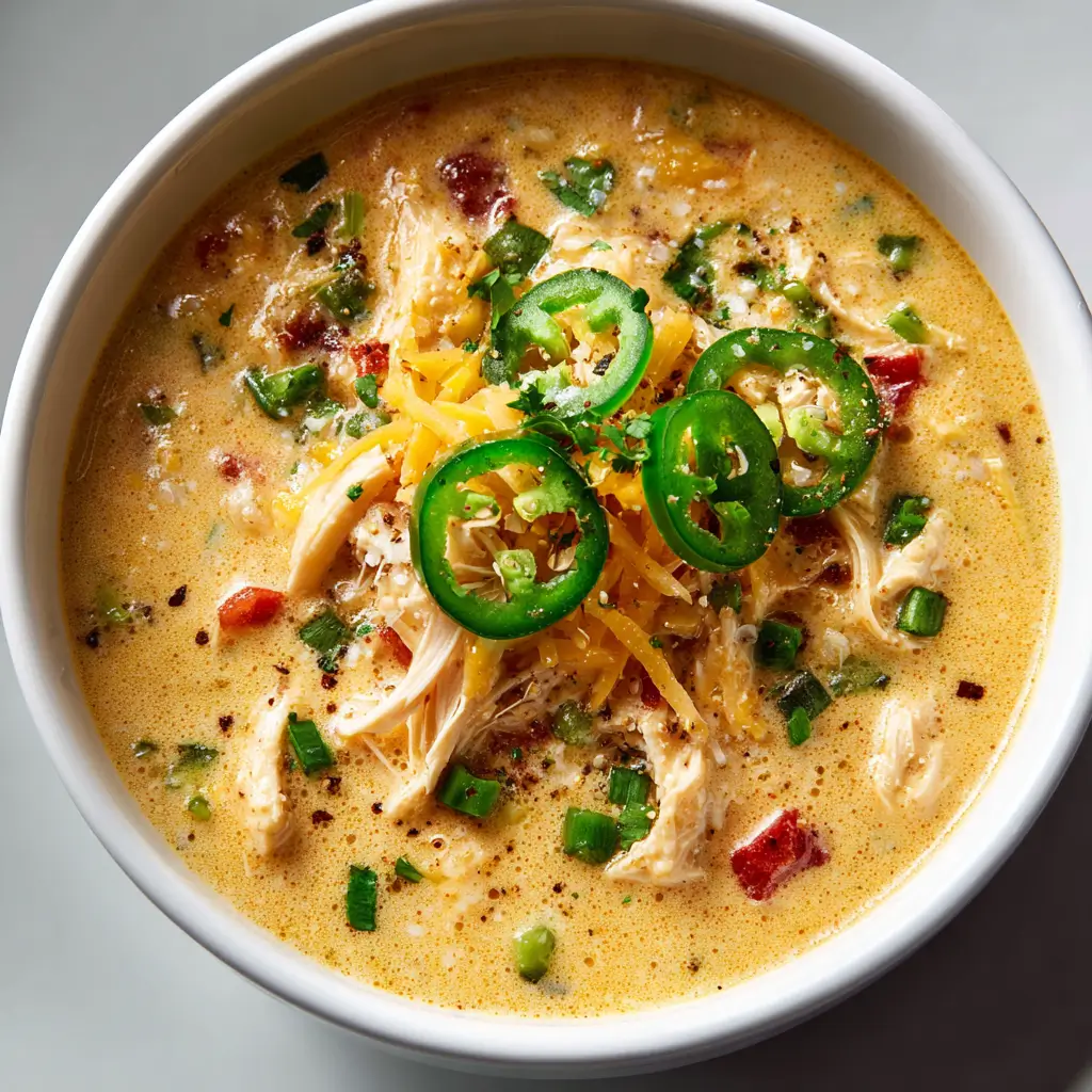 Spicy jalapeño popper chicken soup photographed from overhead with shredded chicken, cheddar cheese, jalapeño slices, and green onions in a creamy broth.
