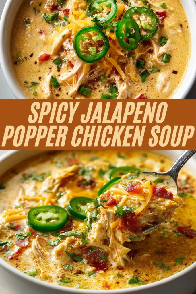Spicy jalapeño popper chicken soup recipe with shredded chicken, cheddar cheese, bacon bits, jalapeño slices, and herbs in a creamy broth.