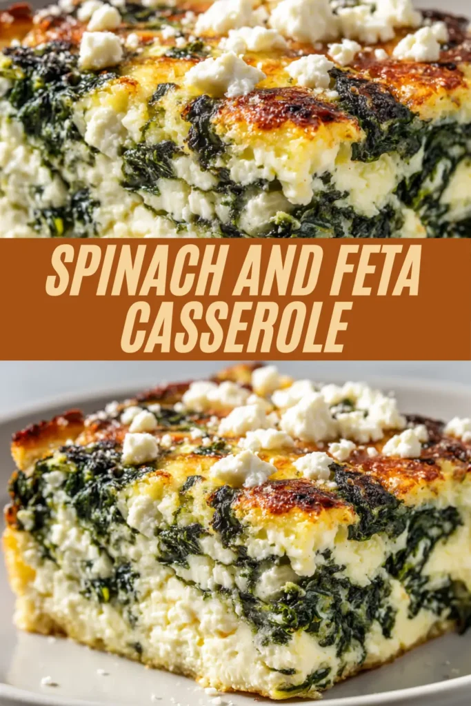 Recipe card for spinach and feta casserole with golden baked edges, crumbled feta, fresh spinach layers, and creamy egg base.