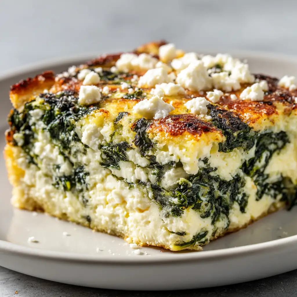 Recipe card for spinach feta casserole slice with golden crust, crumbled feta, wilted spinach, and creamy egg base on gray plate.