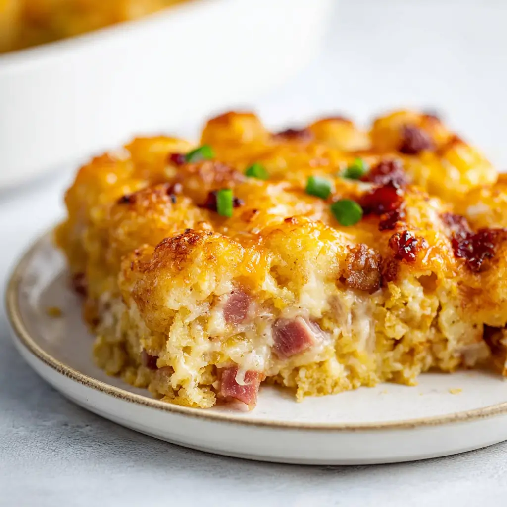 Square serving of cheesy tater tot breakfast casserole with eggs, ham, and melted cheese on a plate.