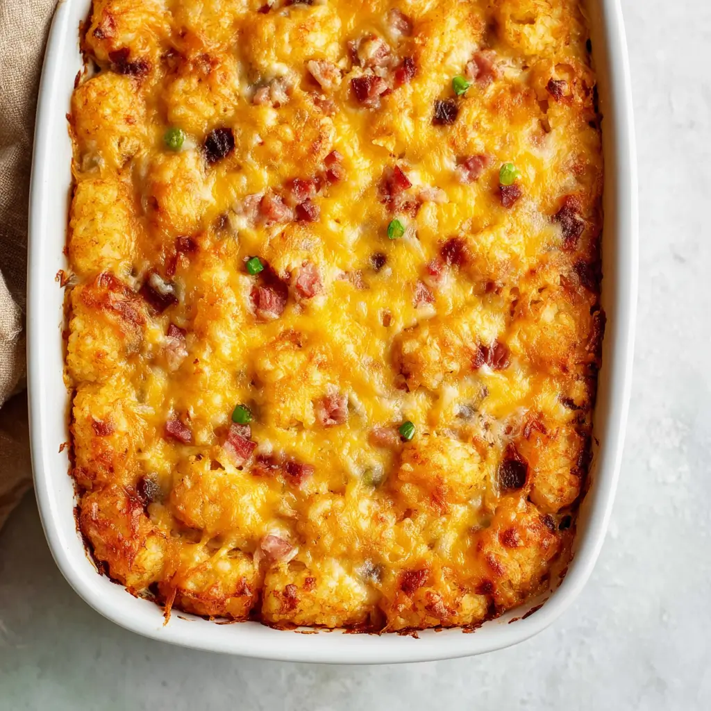 Golden tater tot breakfast casserole baked in a white dish with crispy tots, melted cheese, and bits of sausage and ham on top.
